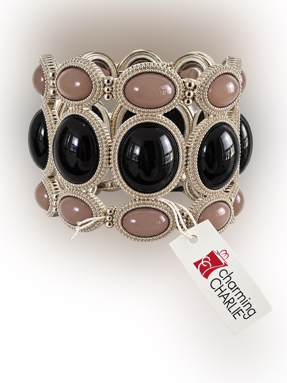 Charming Charlie Black and Taupe Blush Oval Cabochon Statement Cuff Bracelet
